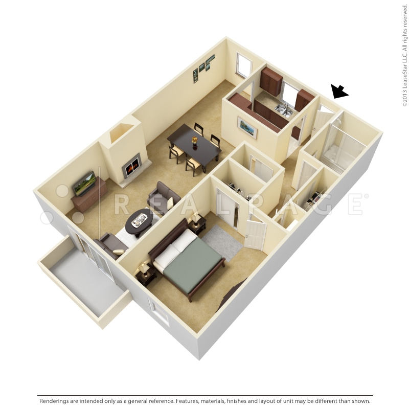 Floor Plan - One Bedroom w/FP - 825 sf