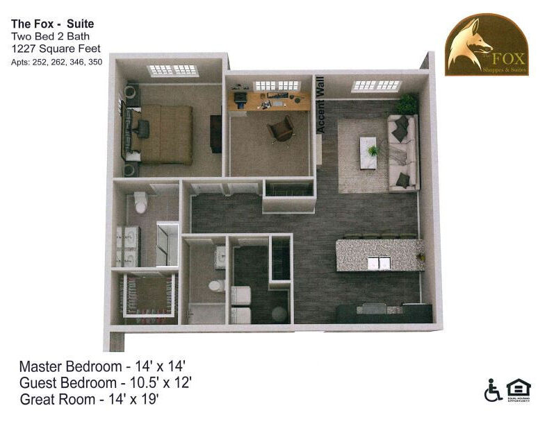 Floor Plan - Fox - 2 Bedroom, 2 Bath - 1227 Square Feet