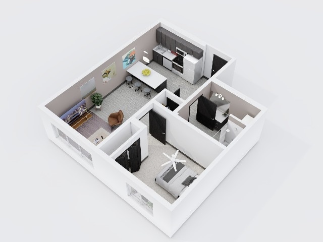 City Scape 1A is a spacious open concept one bedroom floor plan that features modern finishes and an in-unit washer and dryer. - City Scape 1A1