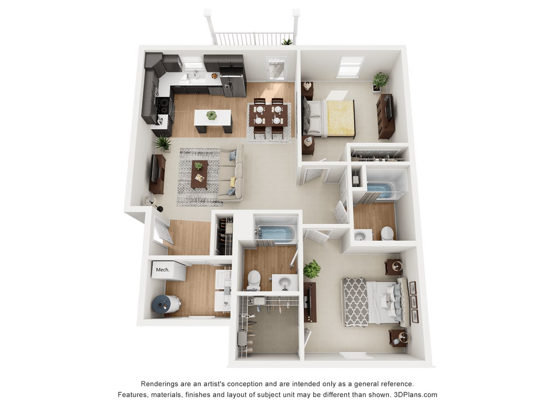 Floor Plan - 2 Bedroom Second Level with Corner Kitchen
