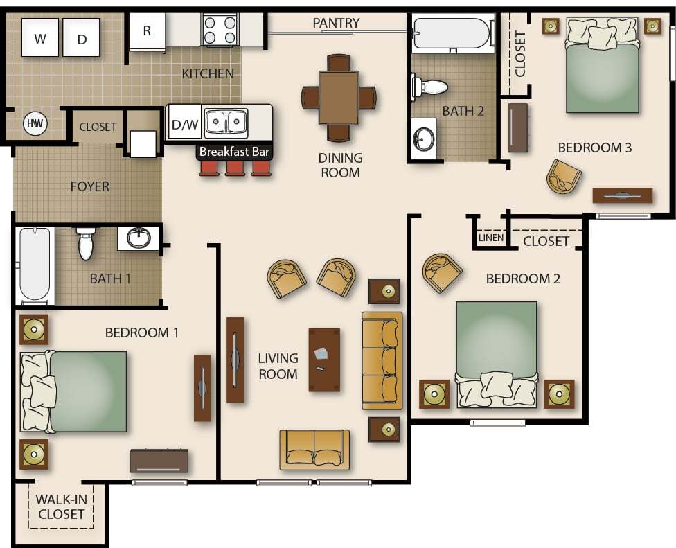 Floor Plan - Three Bedroom Two Bath - Pointe (b)