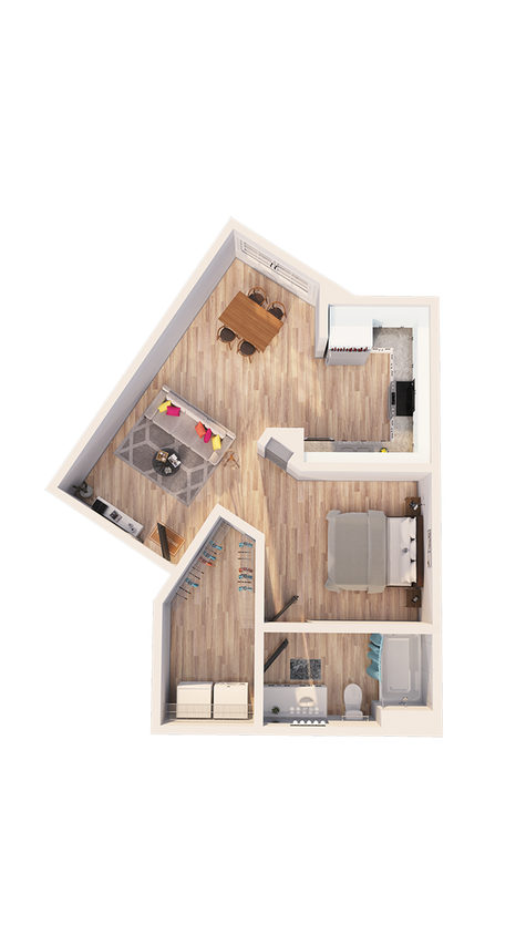Modern 3D floor plan showcasing studio apartment with an open living area, contemporary kitchen, and a stylish balcony. - S1A