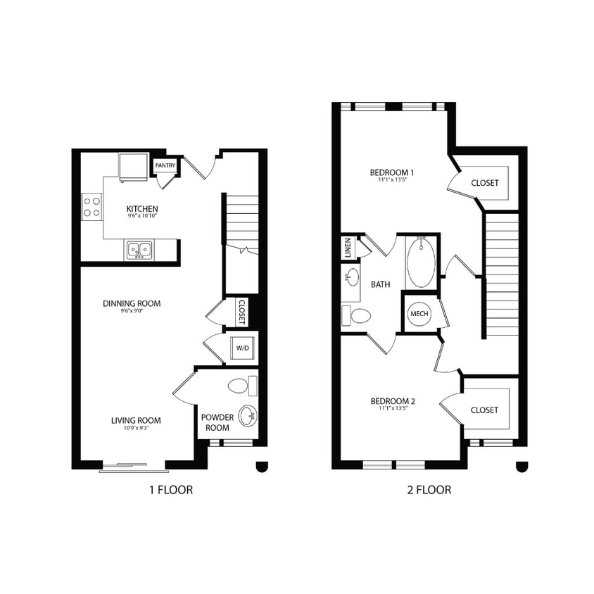 Floor Plan - 2BR/2BA Townhouse 1065 SF TB4A
