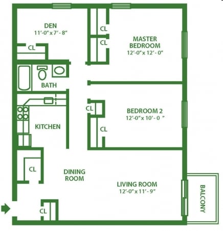 2BR/1BA - Two Bedroom Den Small
