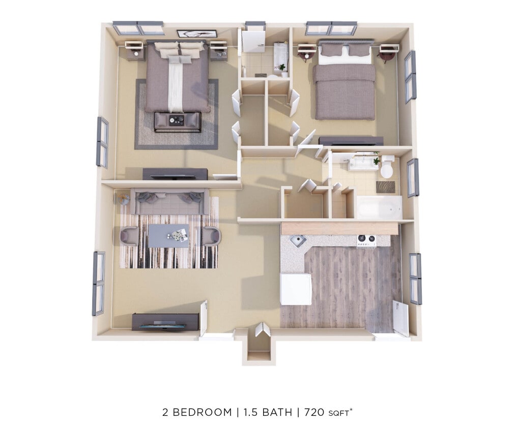 Floor Plan - Two Bedroom 1.5 Bath - 720 sqft