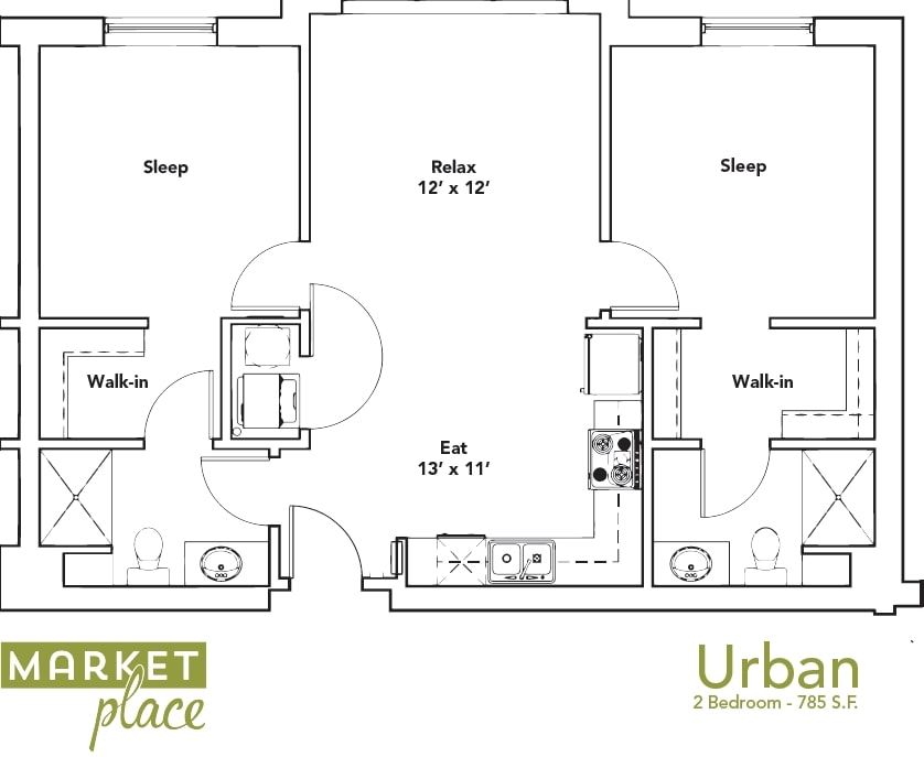 Urban - 1 Bed, 2 Bath (900 Sq Ft)
