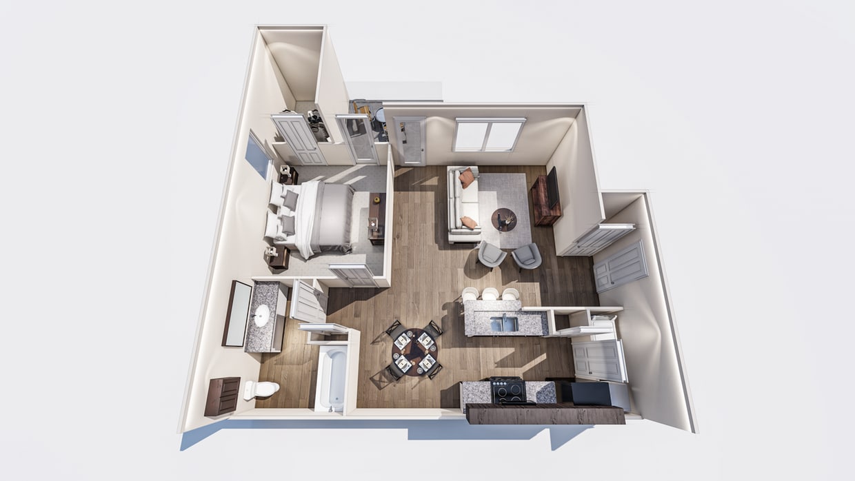 Explore the sleek design of your new home with this modern one-bedroom apartment layout. - A2