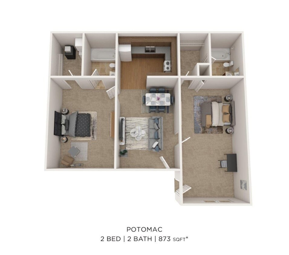 Floor Plan - Two Bedroom 2 Bath - 873 sqft