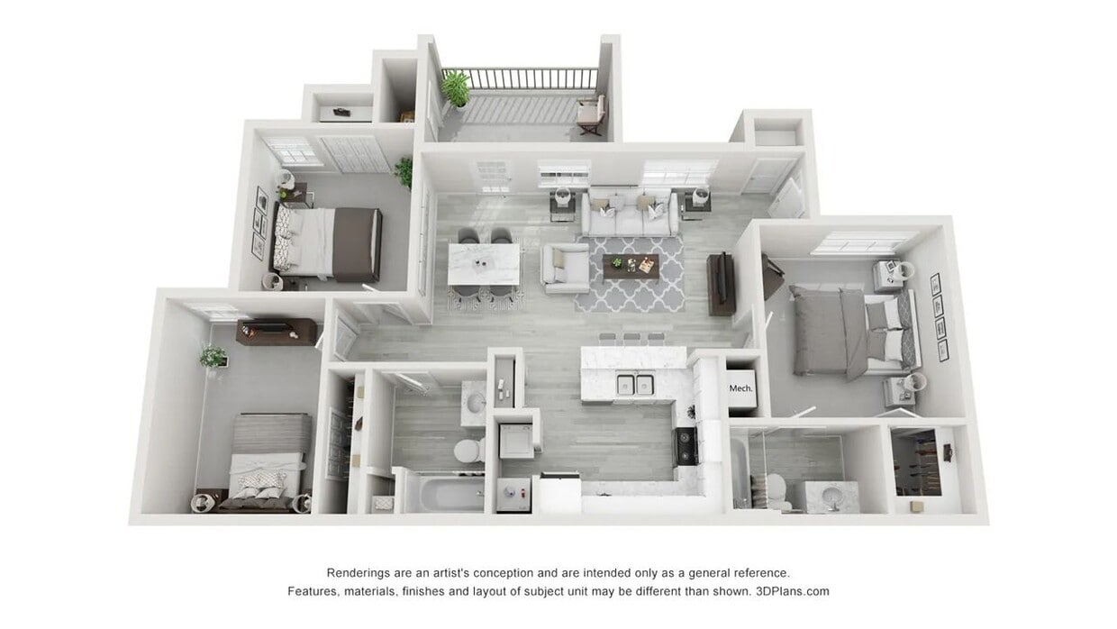 A 3D floor plan rendering of our three bedroom apartment - The Summit