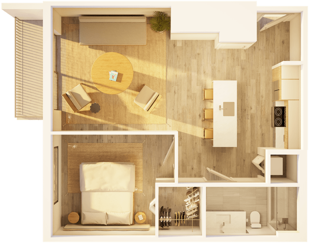 Floor Plan - West 1 BR Balcony Sunset A