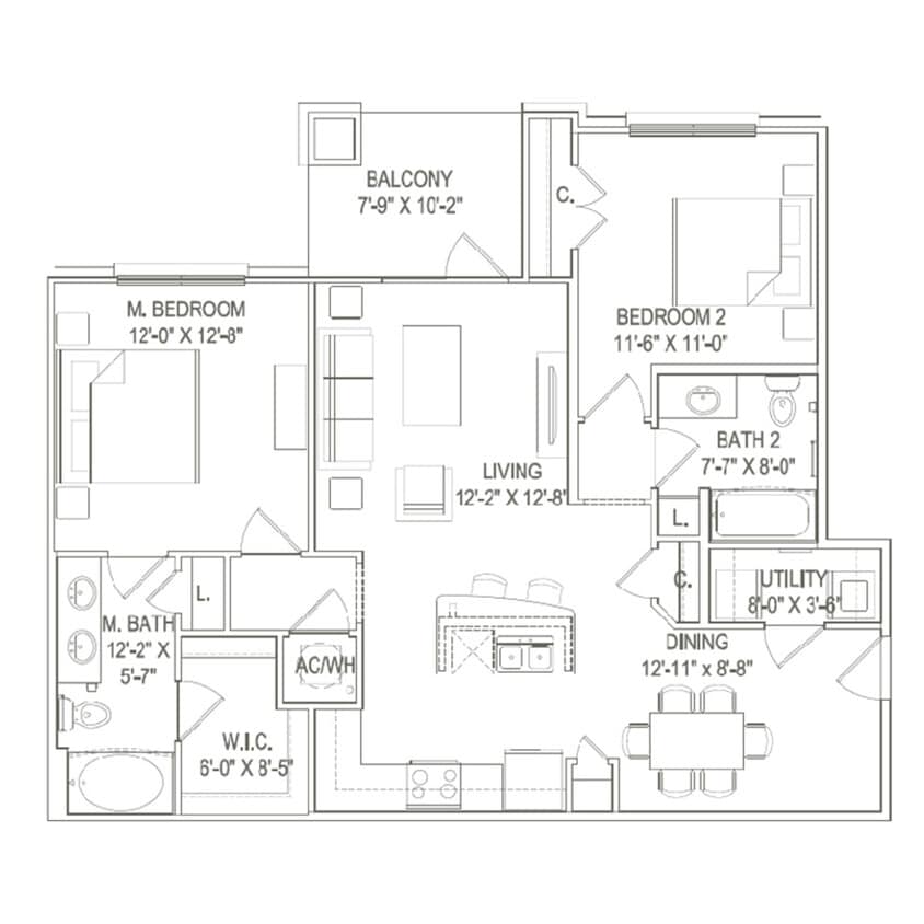 Floor Plan - 2BR 2BA (1098 SF)