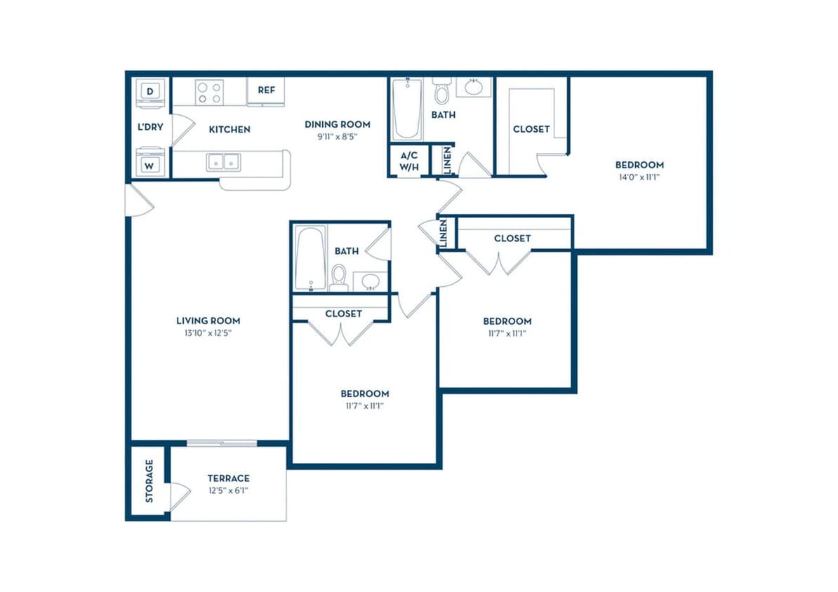 3 Bedroom | 2 Bath | 1168 SF - C1