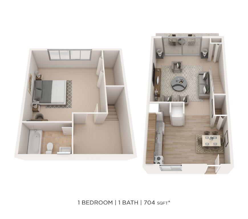 Floor Plan - One Bedroom Townhome - 704 sqft