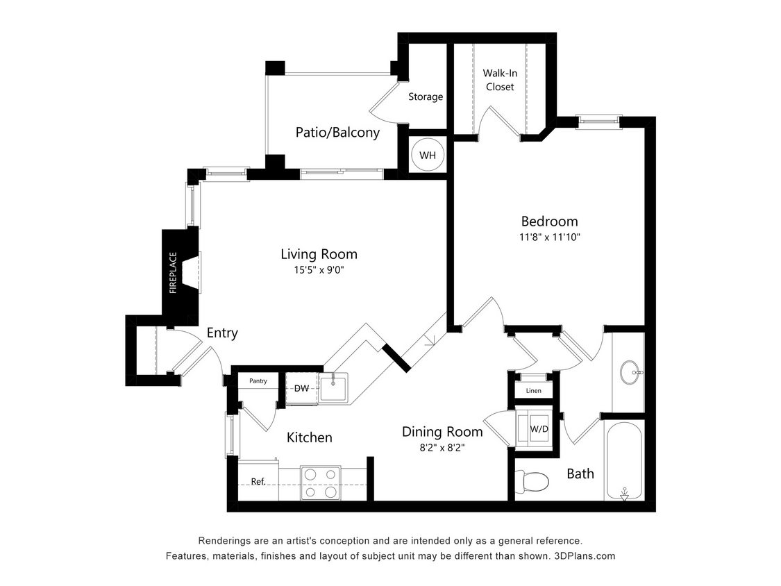 Floor Plan - A3 - 1 Bedroom, 1 Bathroom