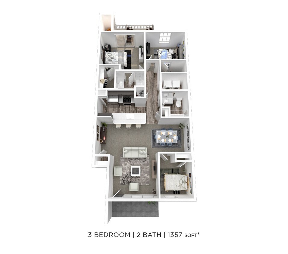 Floor Plan - Three Bedroom 2 Bath - 1,357 sqft