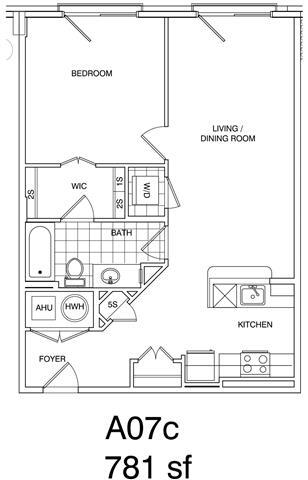 Floor Plan - 1 Bedroom + Loft, 1 Bath 781 SF KA7LB
