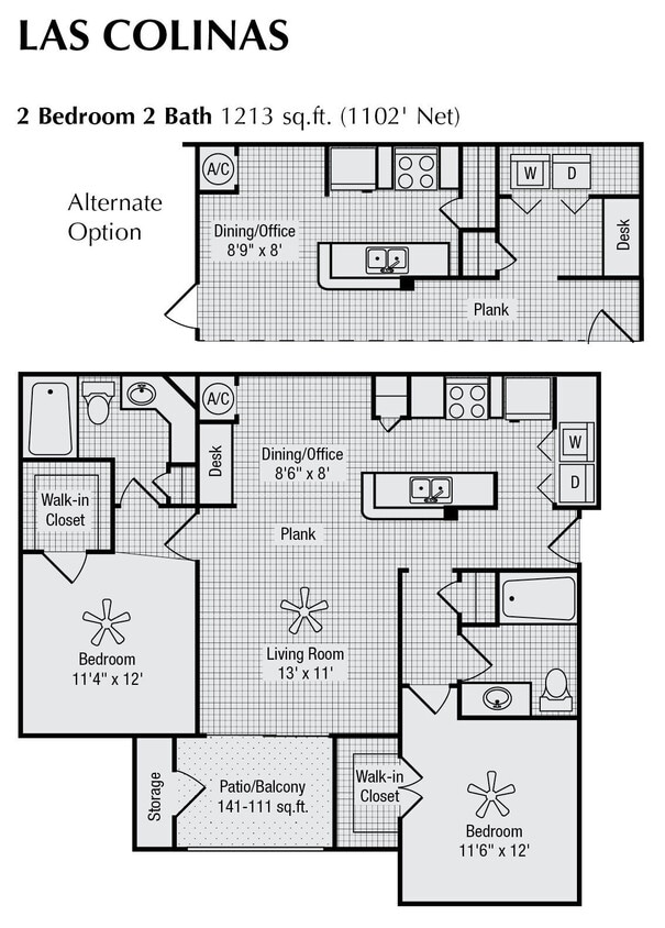Floor Plan - 2 Bed 2 Bath 1213 SqFt (1102 Net)