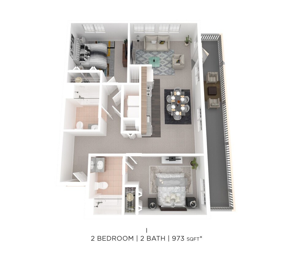 Floor Plan - Two Bed Two Bath I - 973sqft