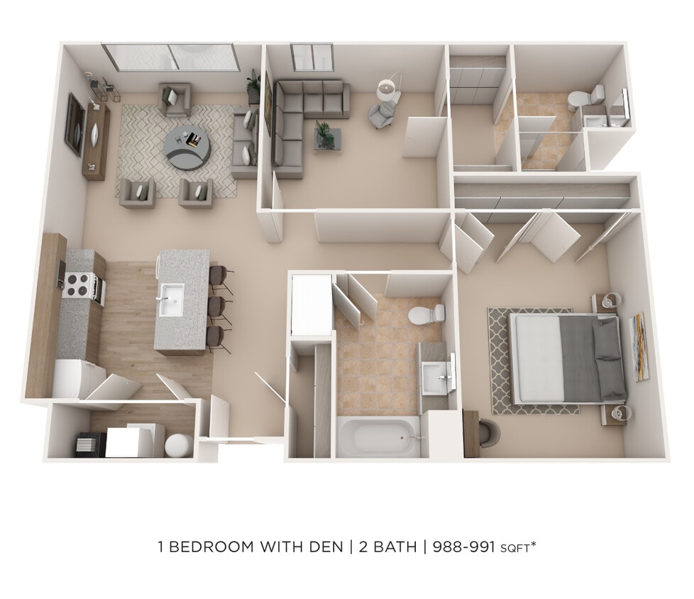 Floor Plan - One Bedroom 2 Bath w/ Den- 988-991 sqft