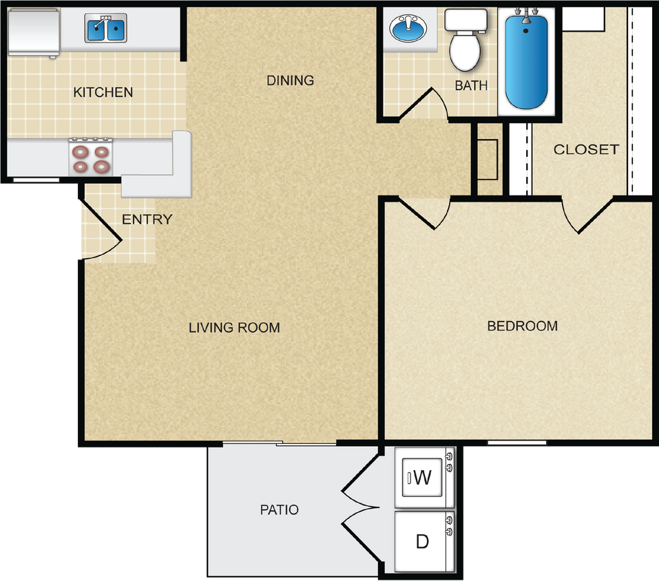 Floor Plan - 1x1 - 625 sf - A2-D
