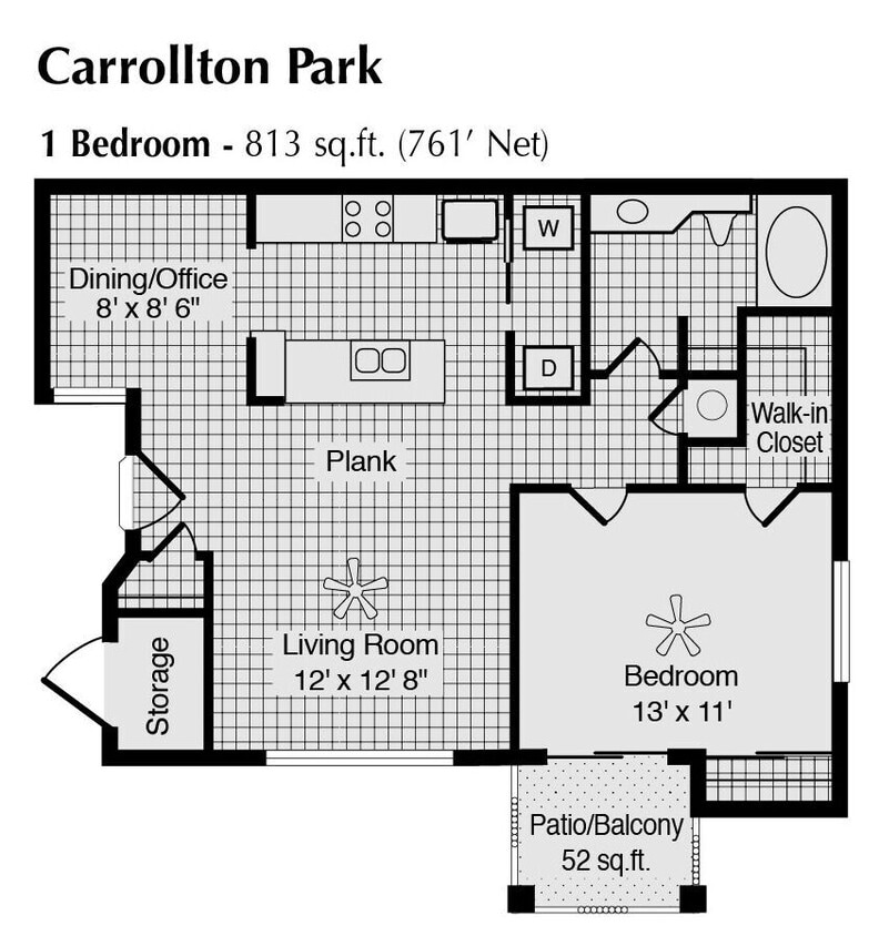 Floor Plan - 1 Bed 1 Bath 813 SqFt (761 Net)