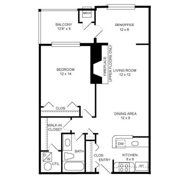 Floor Plan - 1 Bed + Sunroom, 1 Bath 874 SF, 11b