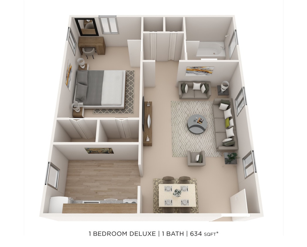 Floor Plan - One Bedroom - 634 sqft